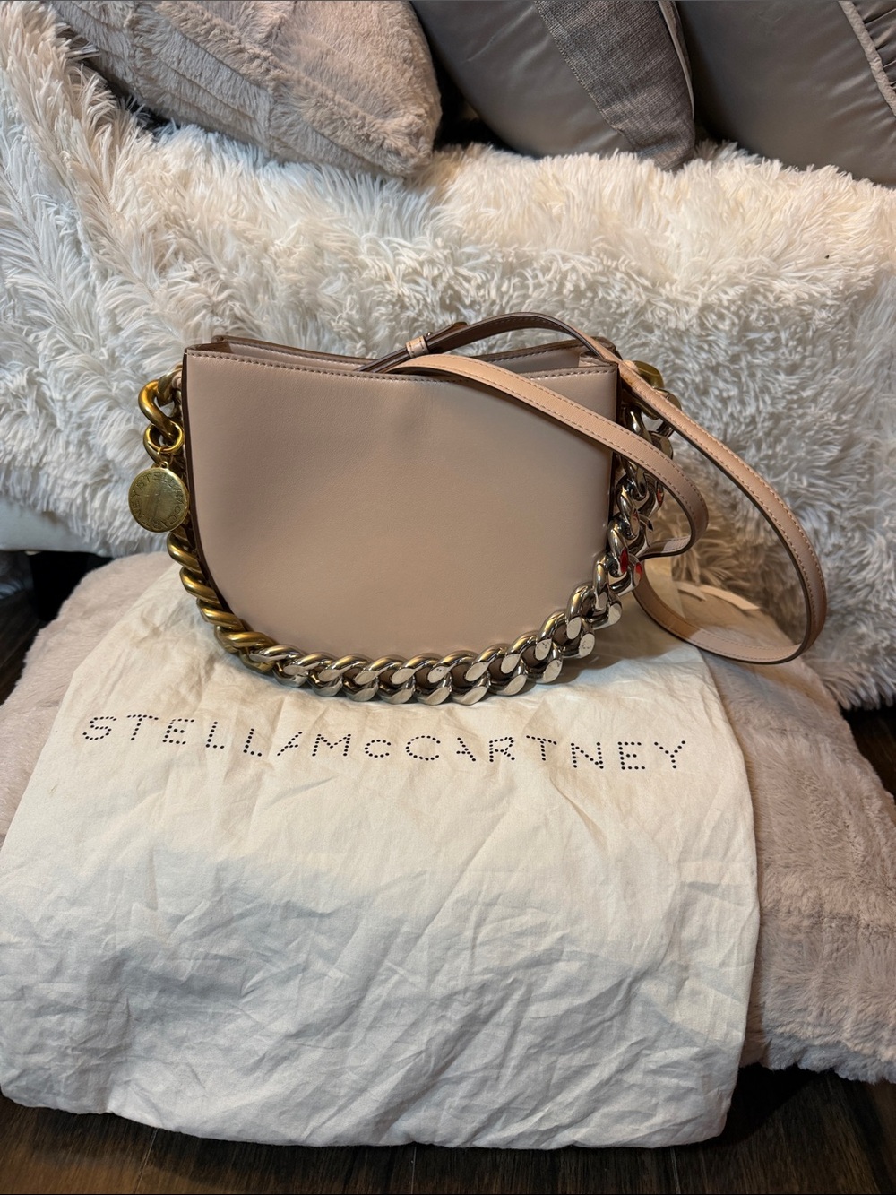 Stella McCartney Frayme Shoulder Bag with Mixed Metal Chain Gold & Silver